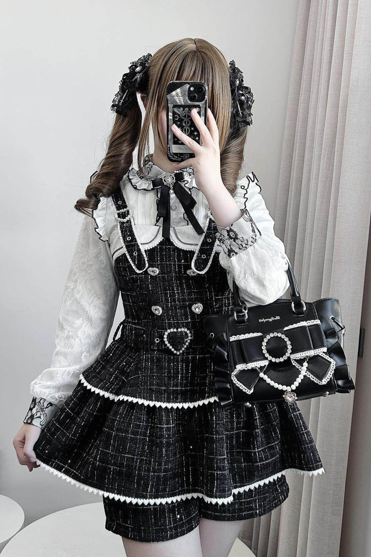 Pearl-Adorned Tartan Jirai Kei Japanese Dress Set