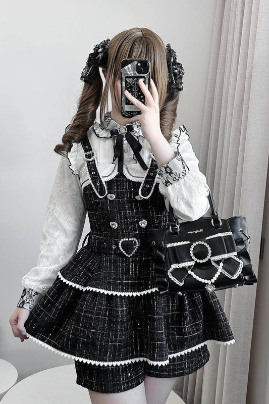 Pearl-Adorned Tartan Jirai Kei Japanese Dress Set