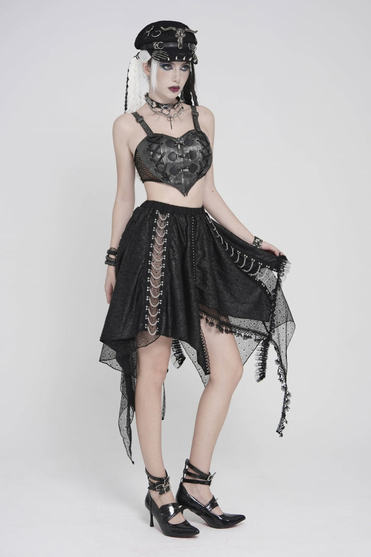 Punk Streamer Skirt with Irregular Hem and Chain Accents