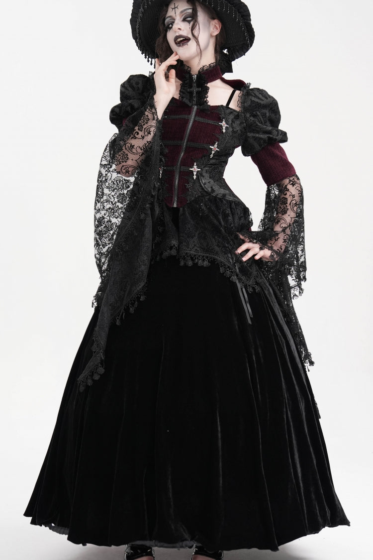 Maroon Mesh Lace Tassel Gothic Overcoat