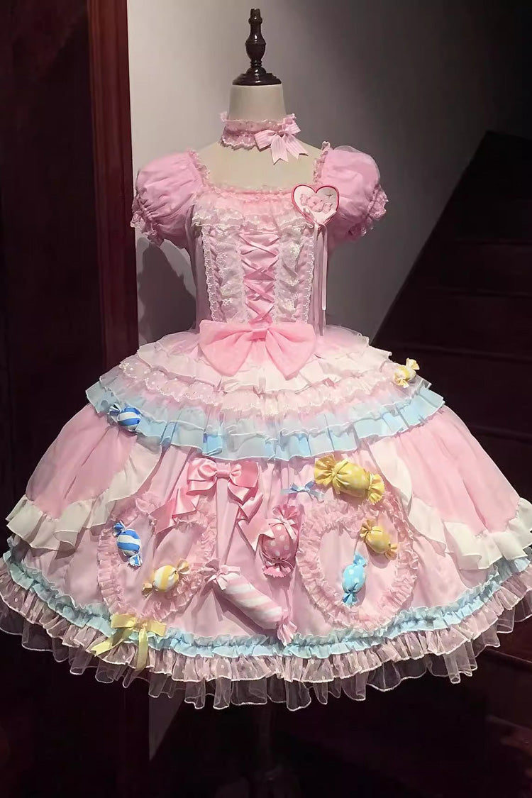 Candy Party Short-Sleeve Multi-Layer Ruffle Bow Lace-Up Lolita Dress