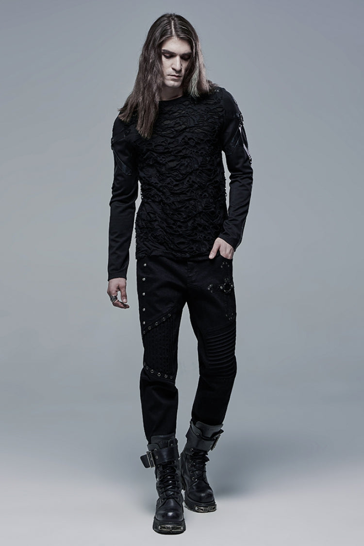Men's Steampunk Pants with Ripped Details and Cross Decoration