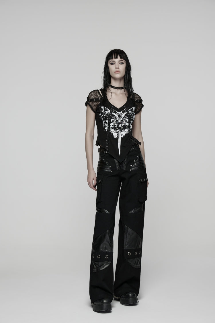 Punk Pants with Buckles and Big Pockets in Black Lace Design