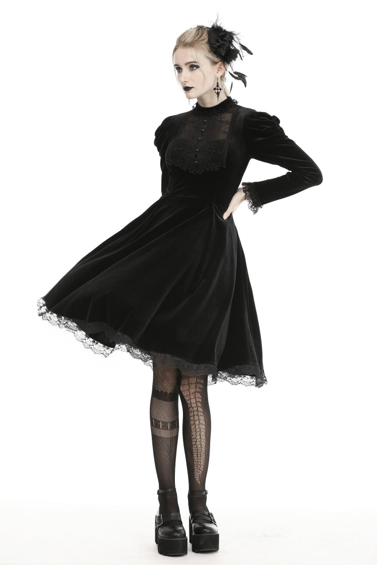Gothic Velvet Gown with Puff Sleeves and Lace Detailing in Black