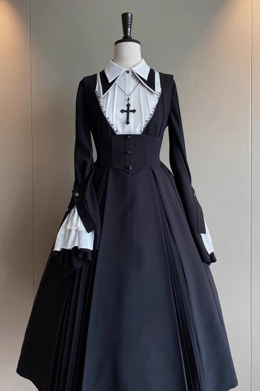 Plus Size Gothic Lolita Strap Dress Set with Nun Salute Cross and Ruffled Long Sleeves