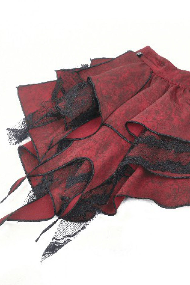Crimson Gothic Blouse with Frilly Lace and Long Hime Sleeves
