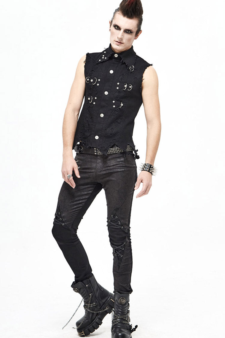 Distressed Mesh-Trimmed Punk Waistcoat with Raw Hem - Noir