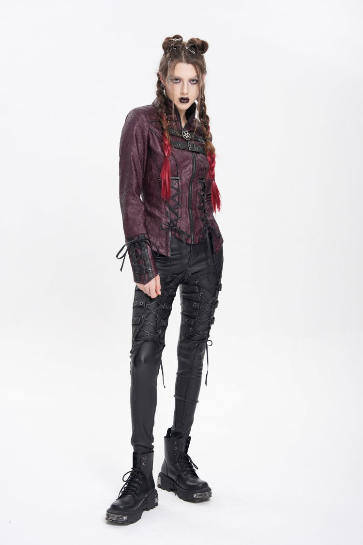 Burgundy Pentagram Buckle Punk Jacket