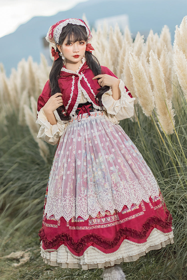 Burgundy Berries and Birds Print Ruffle Bow Velvet Classic Lolita Corset JSK Dress