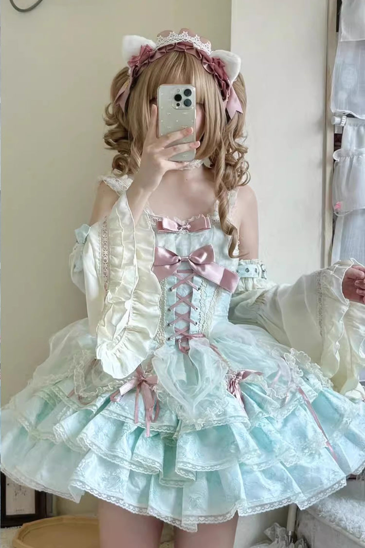 Emerald Sleeveless Multi-Layer Ruffle Bow Lace-Up Sweet Princess Lolita JSK