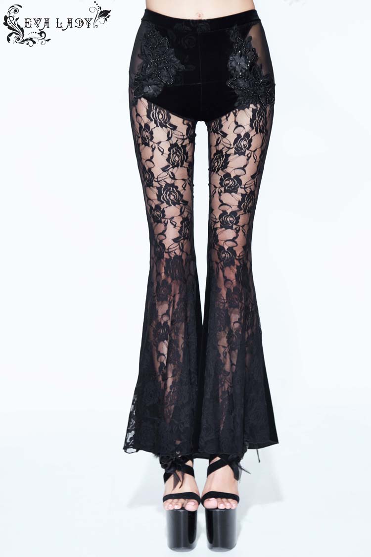 Rose-Pattern Knit Flare Pants with Beaded Chain Sides