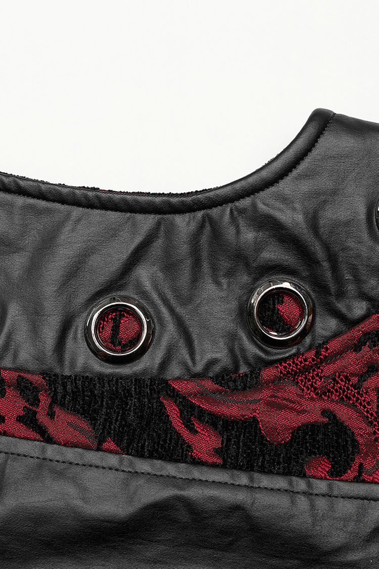 Crimson & Noir Men's Stand Collar Jacquard Print Stitched Metal Ring Gothic Vest