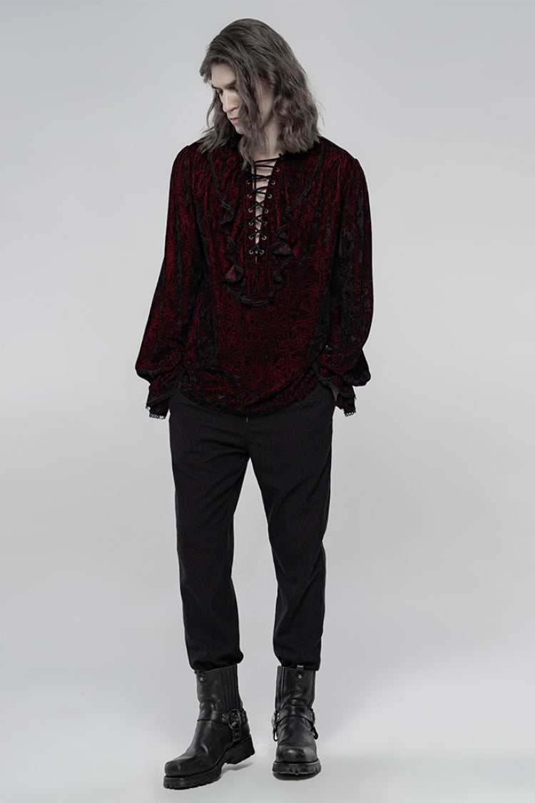 Crimson & Noir Long Sleeve Ruffled Lace-Up Men's Gothic Blouse