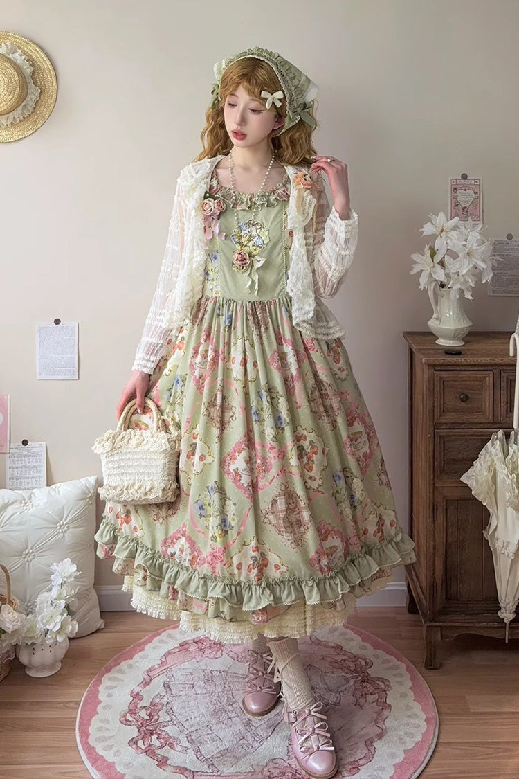 Emerald Cat Rose Tea Sleeveless Floral Ruffle Bow Sweet Lolita Jumper