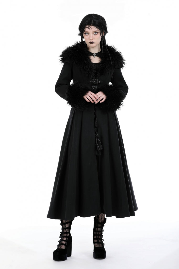 Gothic Draped Coat with Buckle Lace-Up, Faux Fur Collar, and Extended Sleeves