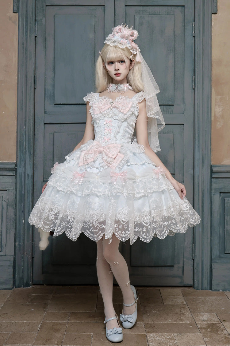 Square Collar Flutter Sleeves Jacquard Ruffled Bow Princess JSK - Bunny Dream Letter