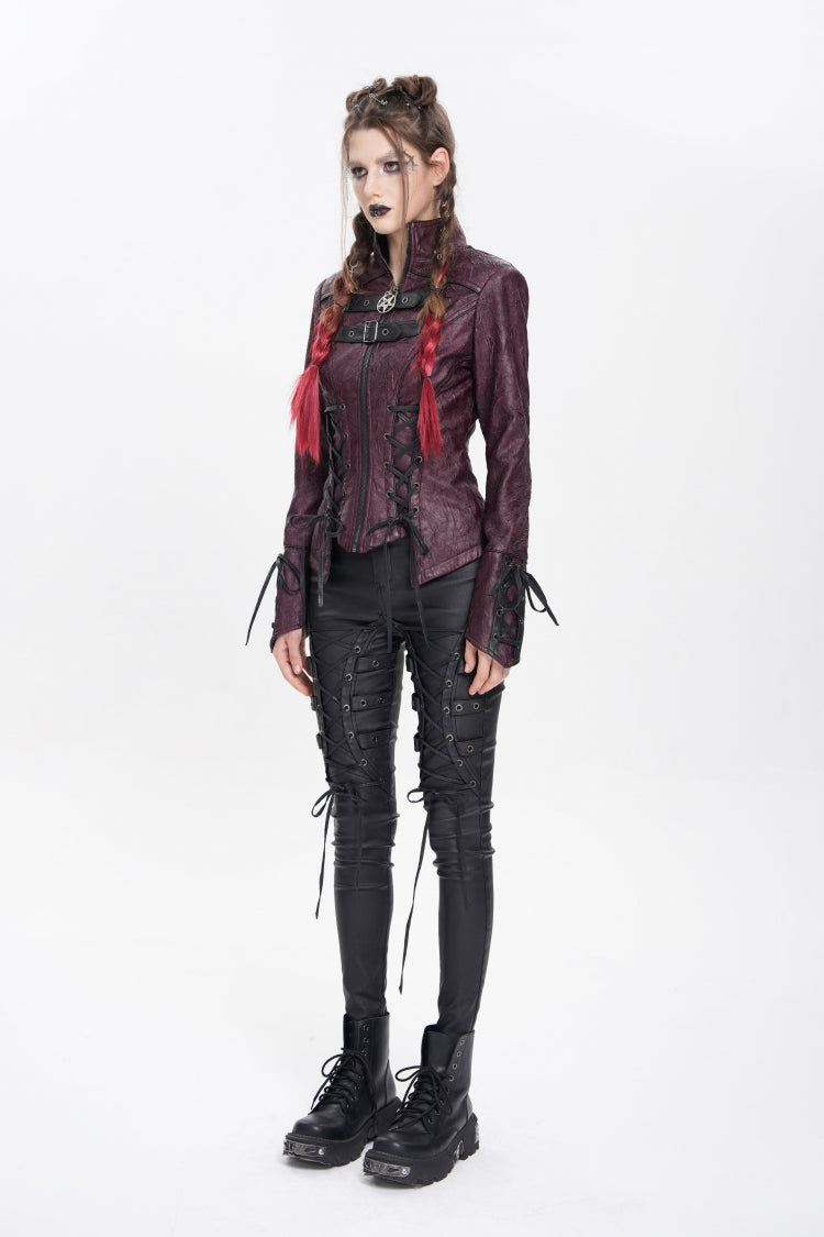 Burgundy Pentagram Buckle Punk Jacket