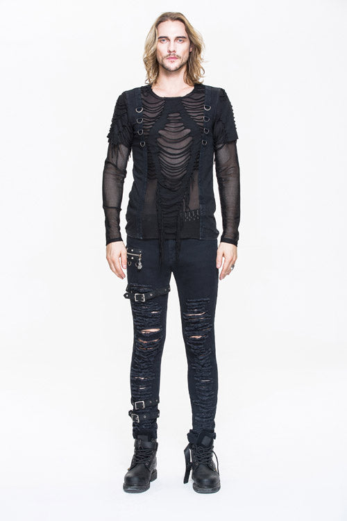 Men's Punk T-Shirt with Knitted Diamond Mesh and Ribbon Accents