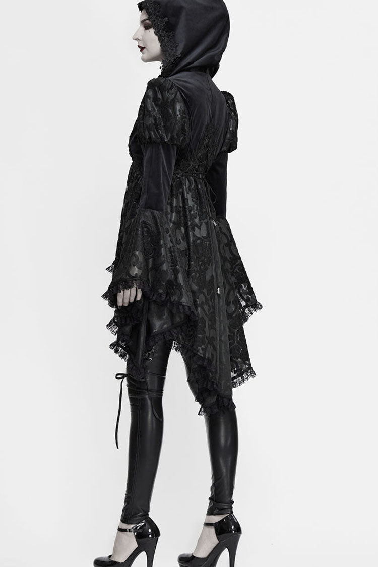 Gothic Velvet Hooded Coat with Metal Buttons, Lace Cuffs & Chest Decals
