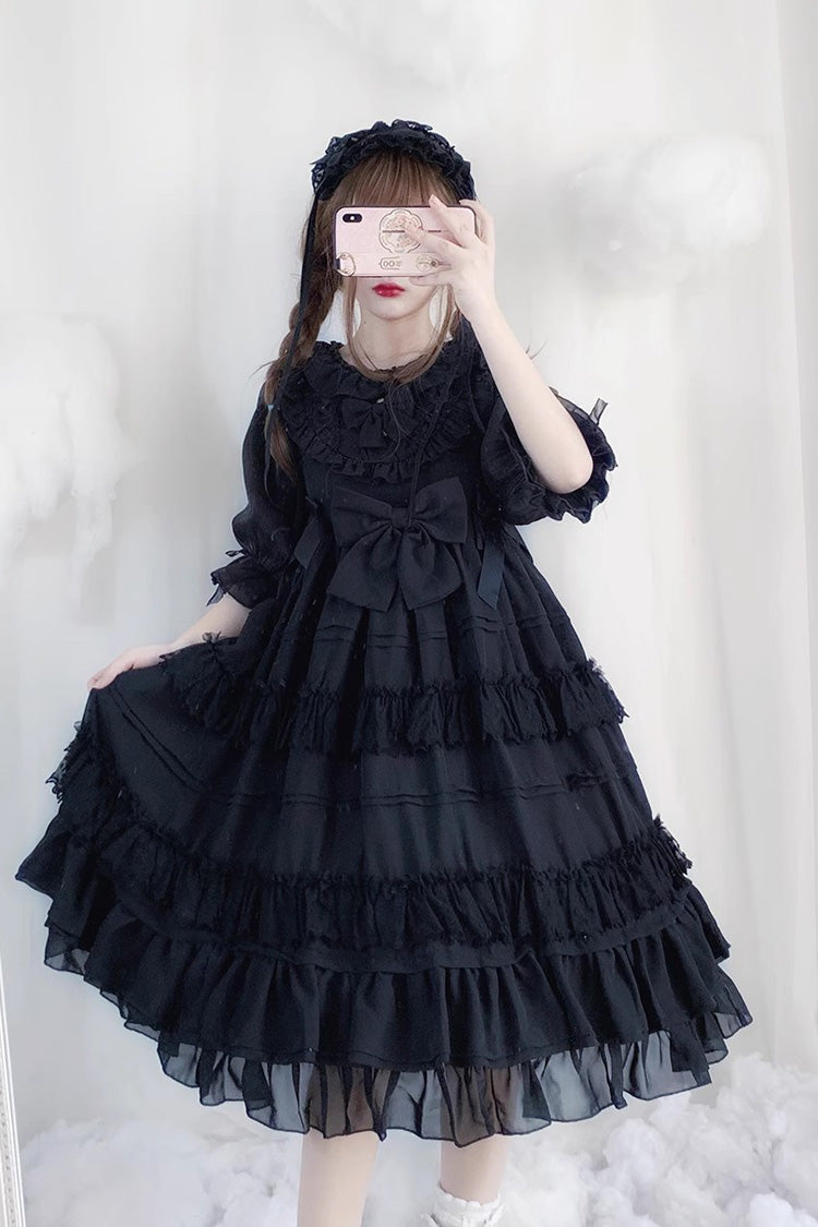 Gothic Lolita Dress with Short Sleeves Bowknot and Ruffle Trim