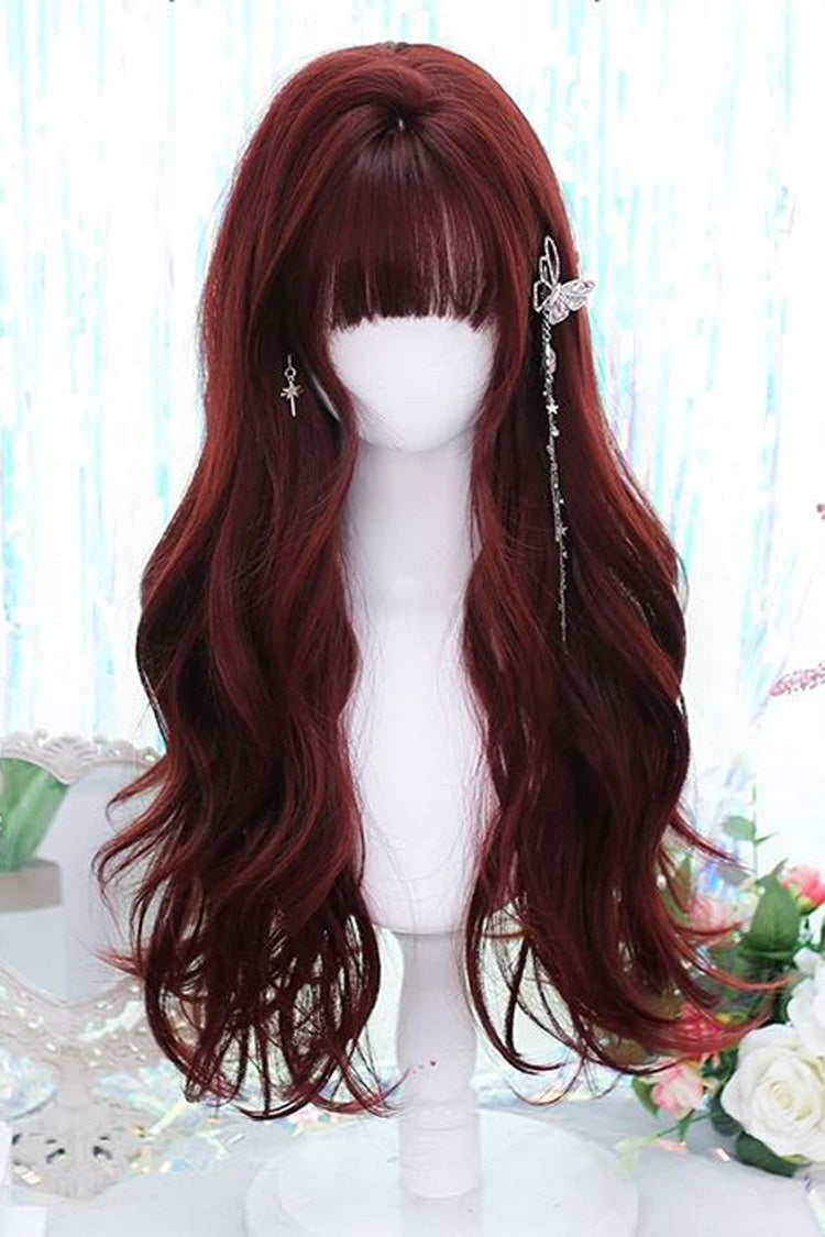 Sweet Gothic Lolita Wig - Long Curly with Soft Air Bangs - Crimson Red