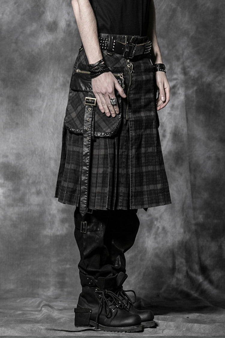 Tartan-Print Ruffle Steampunk Kilt for Men