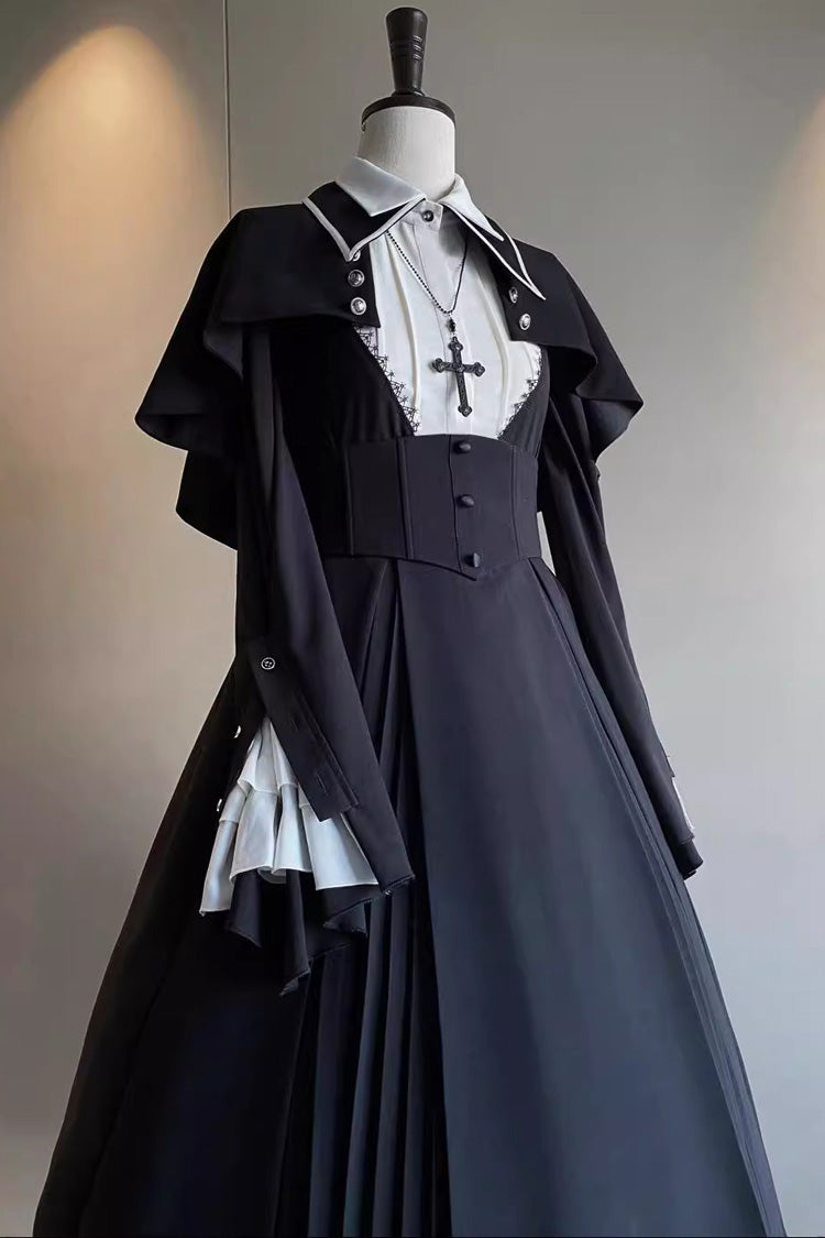 Plus Size Gothic Lolita Strap Dress Set with Nun Salute Cross and Ruffled Long Sleeves