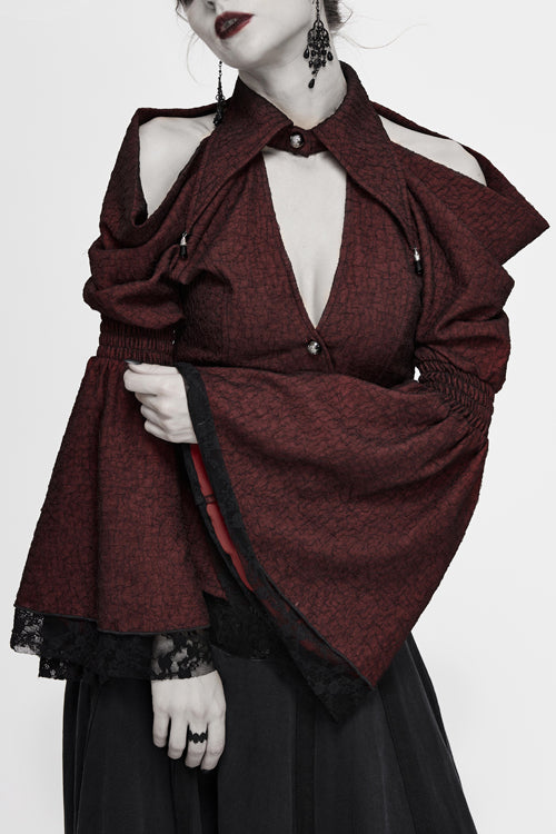 Crimson Gothic Bardot Blouse with Flared Cuffs