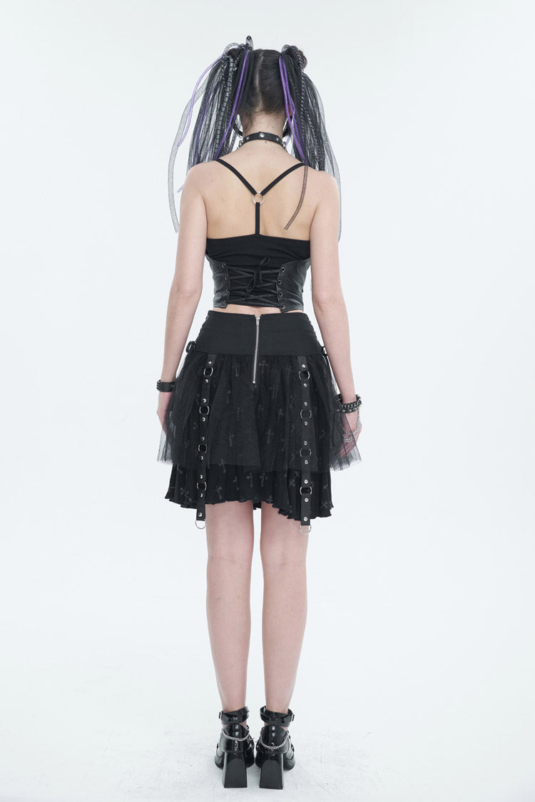 Women's Punk Skirt with Detachable Metal Chain and Cross Print Side Straps
