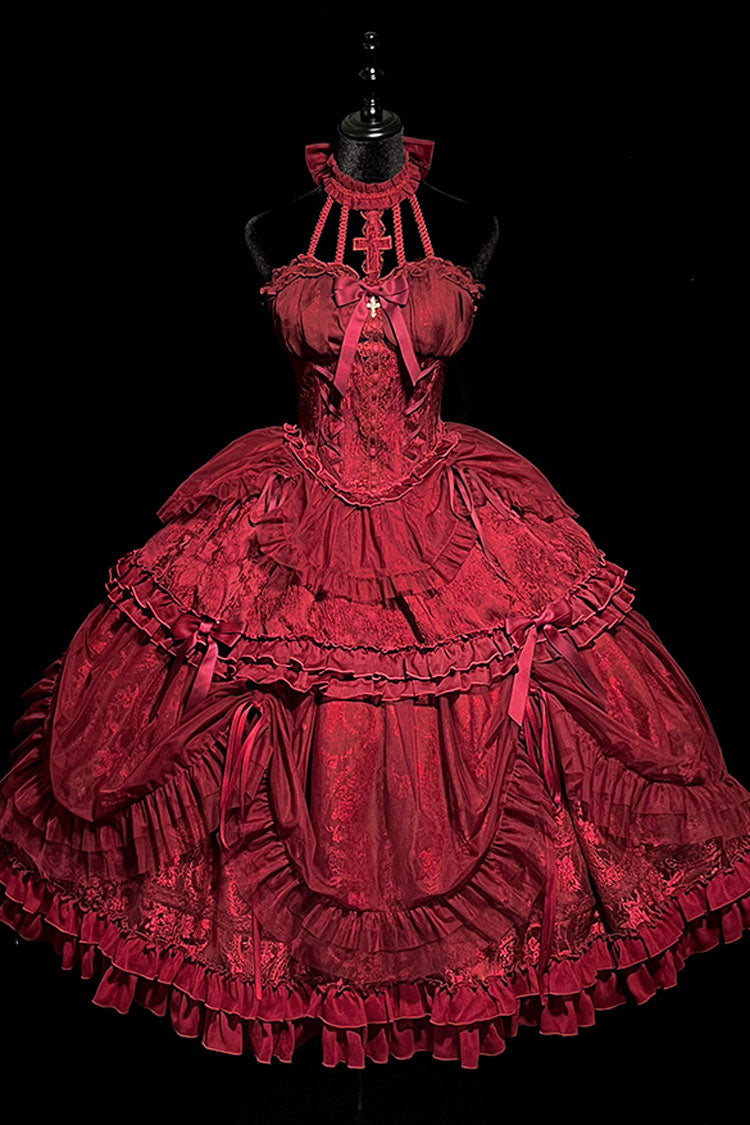 Burgundy Cross-Strap Bow Lace Princess Gothic Lolita Gown