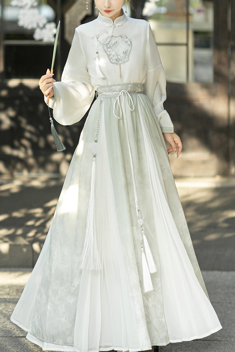 Emerald High-Waist Embroidered Mandarin Collar Puff Sleeve Hanfu Blouse and Skirt Set