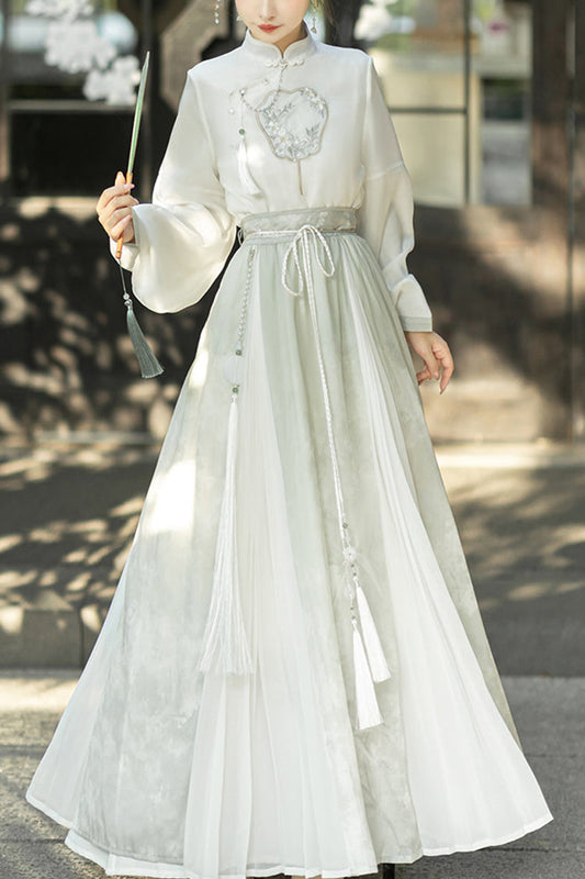 Emerald High-Waist Embroidered Mandarin Collar Puff Sleeve Hanfu Blouse and Skirt Set