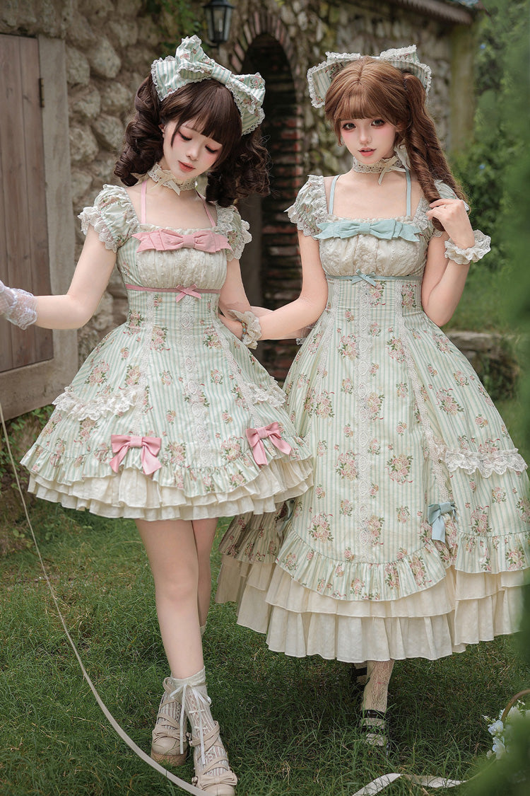 Emerald An Encounter with Austin Square Collar Short Sleeve Multi Rose Printed Ruffled Bow Lace Sweet Lolita Gown