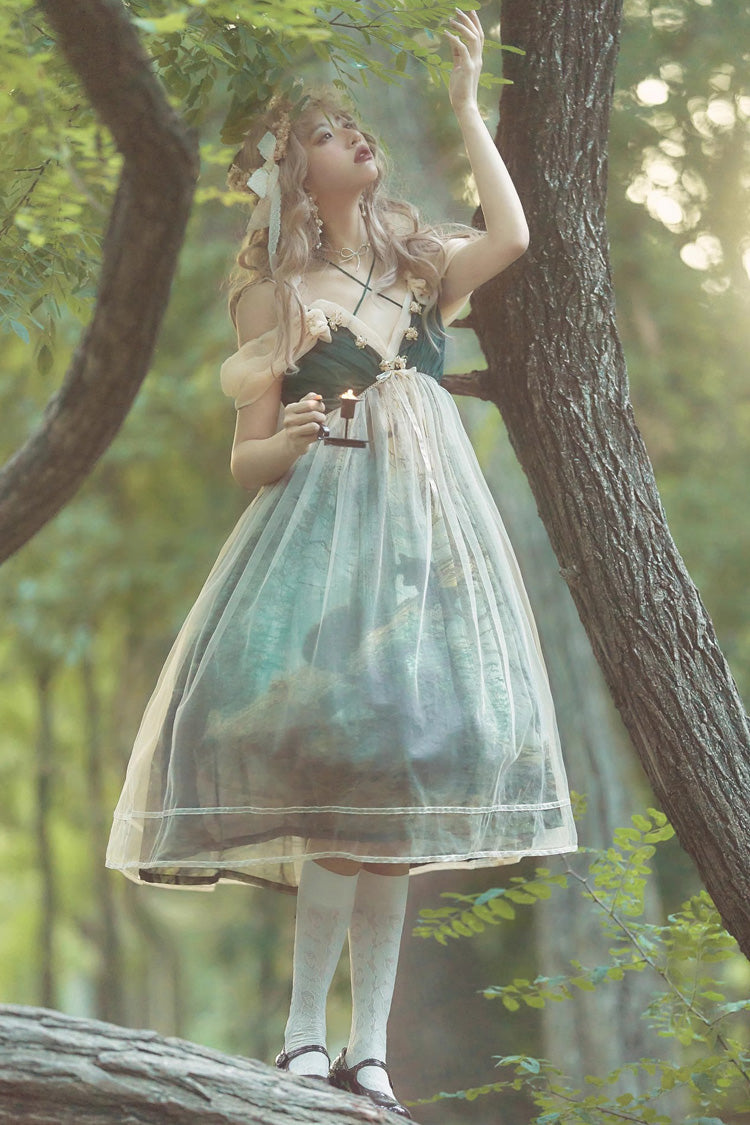 Emerald V Collar Morning in Pine Forest Print Sweet Lolita Jumper