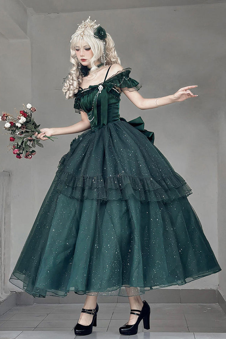 Emerald Bright Stars Off Shoulder Ruffle Bow Asymmetric Elegant Princess Lolita Gown