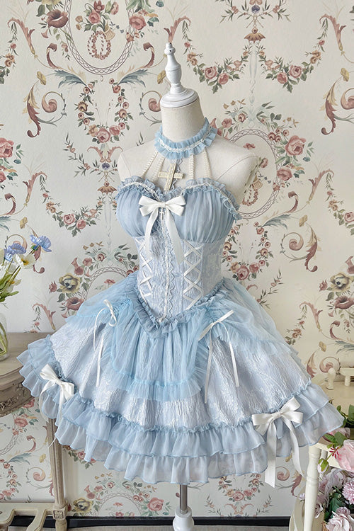 Azure Strapless Bowknot Frilled Sweet Lolita Tiered Gown