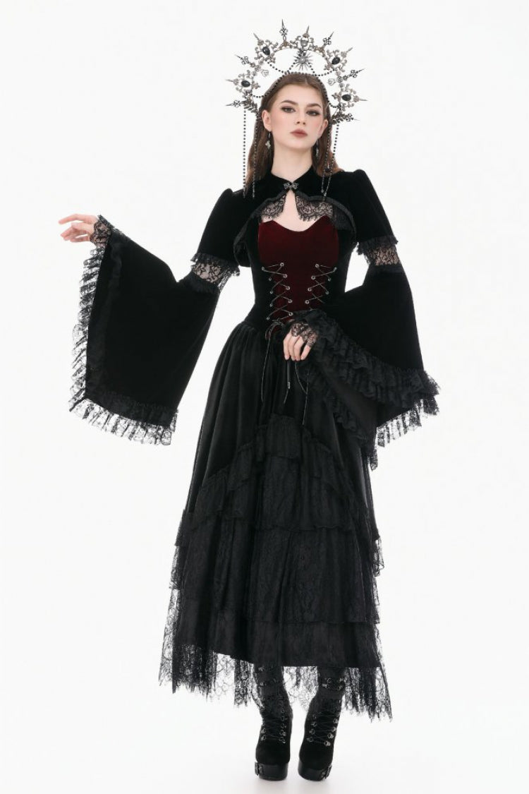 Gothic Shrug with Keyhole Mandarin Collar, Velvet Lace Splice & Flare Sleeves