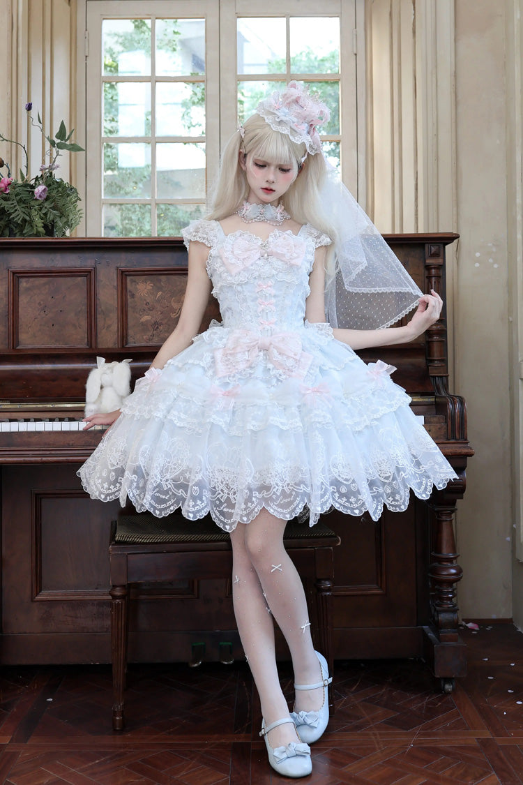 Square Collar Flutter Sleeves Jacquard Ruffled Bow Princess JSK - Bunny Dream Letter
