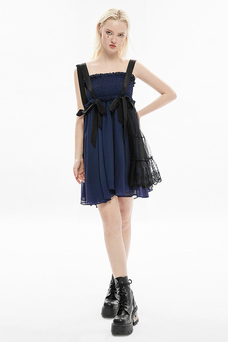 Azure Strap Big Bow Streamer Lace Suspender Gothic Dress for Women