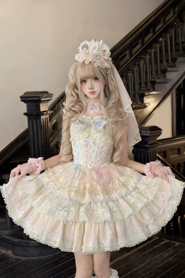 Cloudwhale Dreamweaver Square Collar Multi-Layered Ruffled Bow Lace Sweet Lolita Jsk Dress