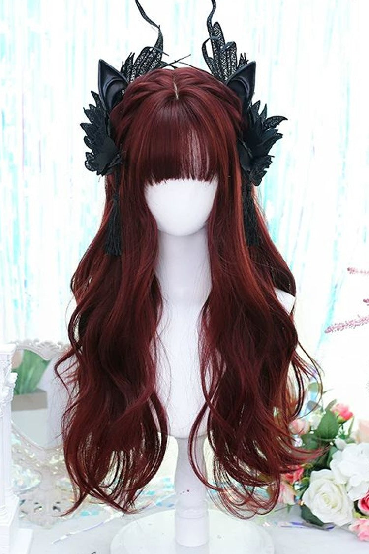 Sweet Gothic Lolita Wig - Long Curly with Soft Air Bangs - Crimson Red