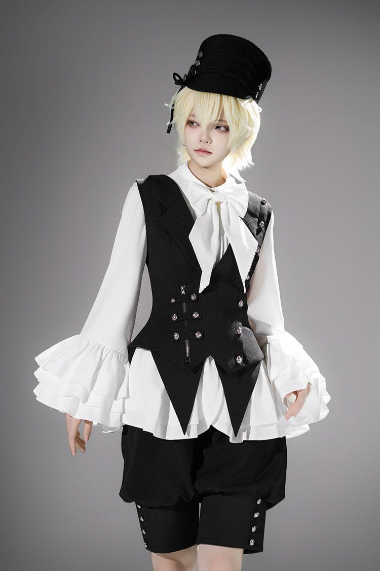 Lapel Collar Ruffled Bow Classic Prince Ouji Set - Ash