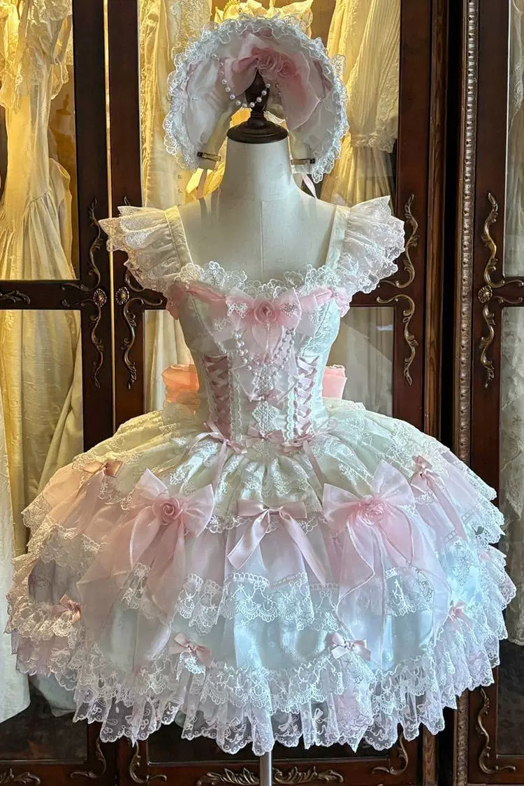Pink Shadow Veil Square Collar Flutter Sleeves Multi-Layered Bow Lace Sweet Lolita Jsk Dress