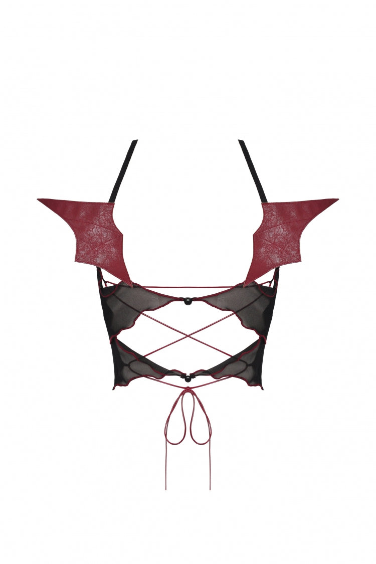 Women's Punk Rock Crop Top with Bat Wings, Backless Cut and Cross Lace-Up