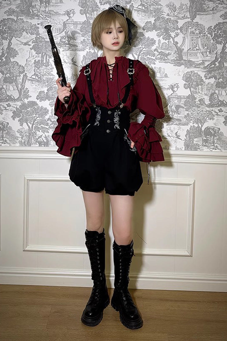 Burgundy Pirate Navigation Treasure Map V-Neck Long Hime Sleeve Ouji Lolita Blouse