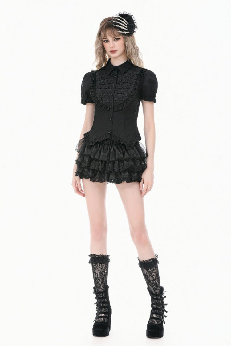Victorian Slim Blouse with Ruffled Puff Sleeves - Gothic Edge