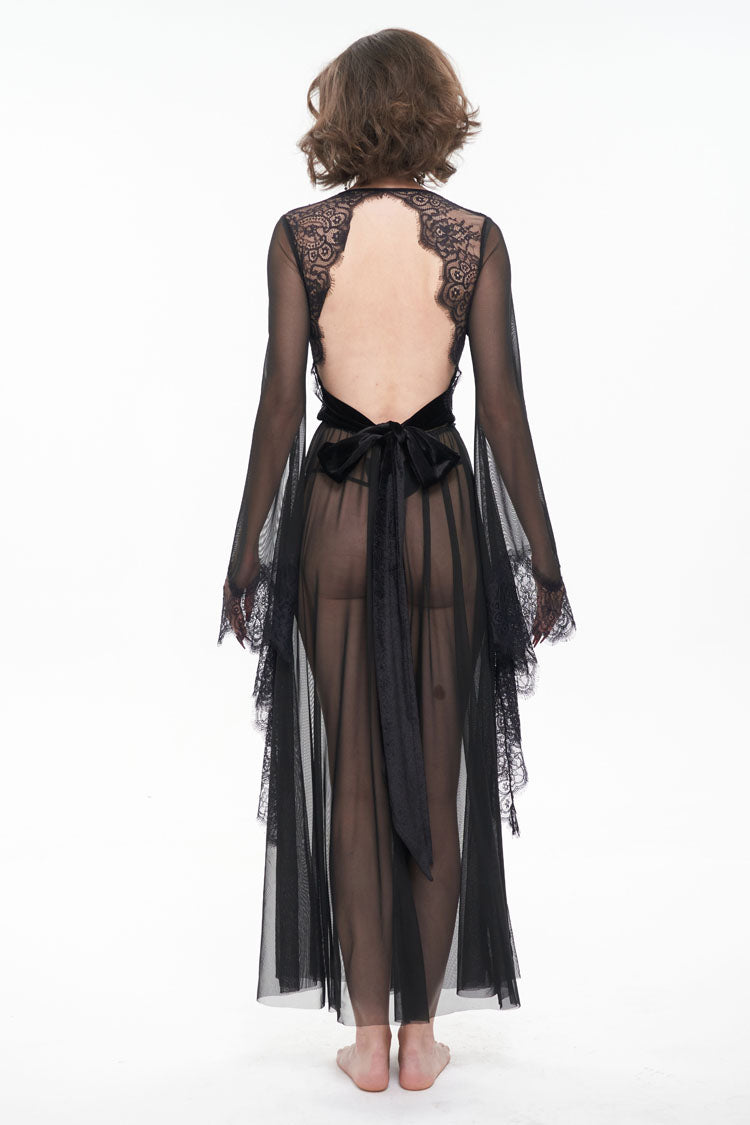 Sheer Backless Lace Bell-Sleeve Goth Gown