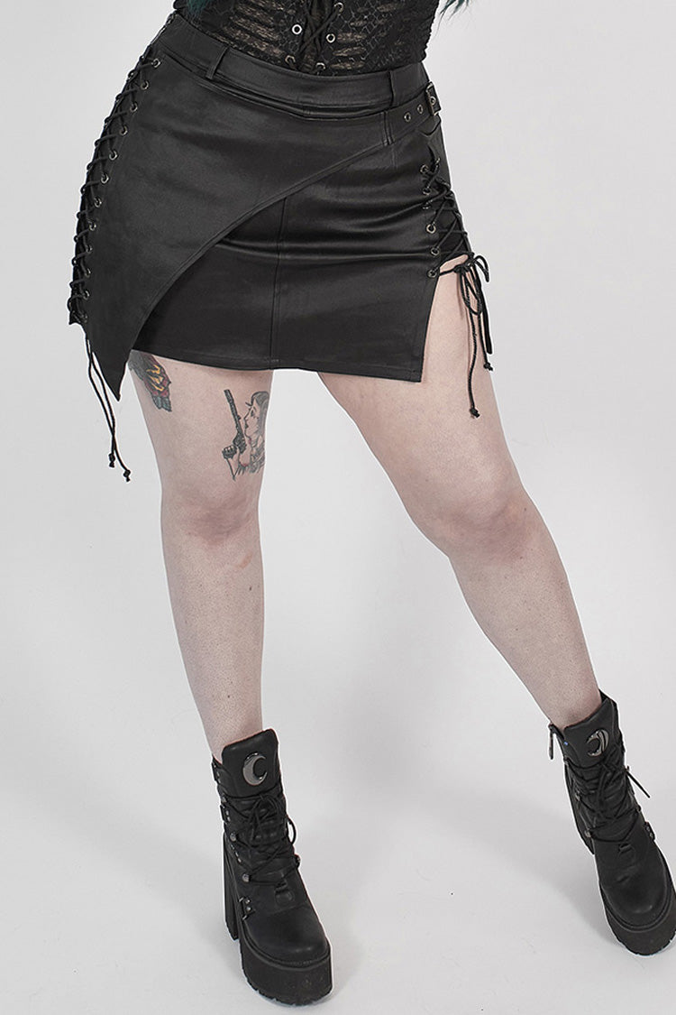 Asymmetric Hem Leather Skirt with Side Clasps and Lacing