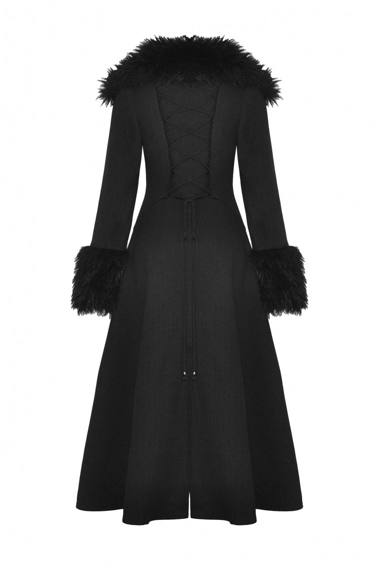 Gothic Draped Coat with Buckle Lace-Up, Faux Fur Collar, and Extended Sleeves