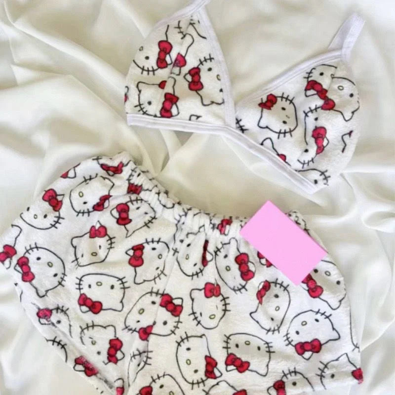 Kitty Fluffy Loungewear Bikini & Shorts Set